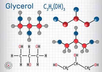 Glycerol (glycerine) molecule. Structural chemical formula and molecule model. Sheet of paper in a cage