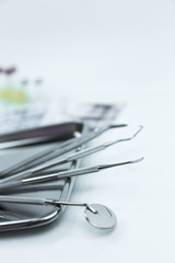 Selective focus Set of dental tools for teech care .