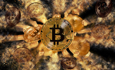 Bitcoin coin and mound of gold nuggets