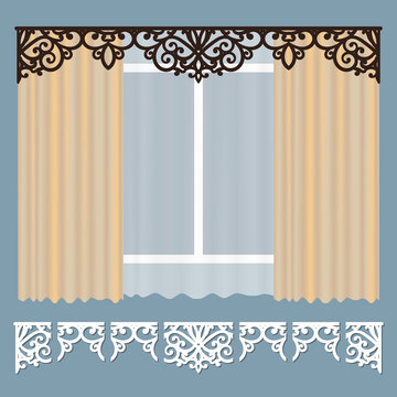 Openwork lambrequin, pattern for laser cutting. Lace border template. Element for decorating curtains, vector illustration. A template for cutting out wood, paper, metal, fabric.