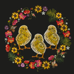 Embroidery chickens and wreath of flowers. Classical embroidery beautiful yellow chickens. Template for clothes, textiles, t-shirt design
