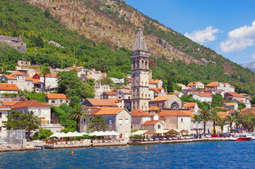 Summer view of ancient town of Perast with St Nicholas church. Bay of Kotor, Montenegro