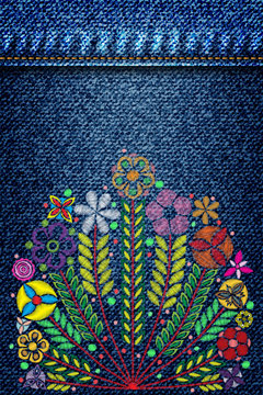 Embroidery color trend floral bouquet. Contemporary traditional folk with flowers arrangements on jeans or blue denim background for dress design. Branch of tropical japanese youth blooms. Vector.
