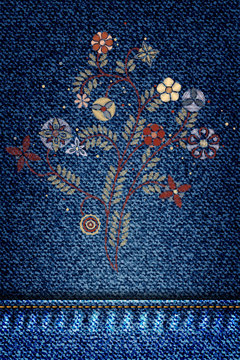 Embroidery simplified floral pattern contemporary flowers on jeans background denim pattern or classic texture blue. Background of denim canvas. Vector.