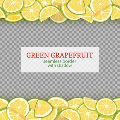 Ripe grapefruit fruit horizontal seamless borders. Vector illustration card Wide and narrow endless strip with green pomelo for design of food packaging juice breakfast, cosmetics, tea, detox diet.