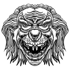 Evil scary clown monster with big nose and sharp teeth. Horror cartoon illustration isolated on white background. Vector.