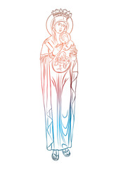 Mother Mary with Jesus Christ baby in her hands. Mother of God with a child. The Nativity or the Birth of the Blessed Jesus Christ. Color adult flesh tattoo concept. Vector.