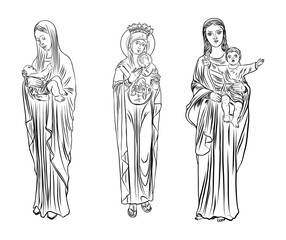 Set of Saint Mary holding baby Jesus. Hand drawn Virgin Mary and Baby Jesus Christ nativity scene. Nativity Christmas graphics design elements. Blackwork adult flesh tattoo concept. Vector.