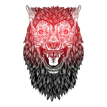 Ferocious wolf head. Angry front face of roaring werewolf. Tattoo flash concept isolated on background. Halloween concept. Vector.