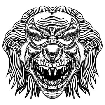 Evil scary clown monster with big nose and sharp teeth. Horror cartoon illustration isolated on white background. Vector.