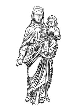 Saint Mary holding baby Jesus Christ, son of God in her hands. Christmas nativity scene for holiday. Blackwork adult flesh tattoo concept. Vector.
