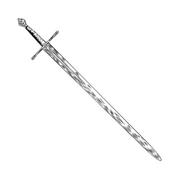 Medieval cold weapon. Warrior weapons sword. Hand drawn antique engraving weapon illustration. Vector.