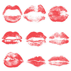 Female kiss shape lips illustration set. Woman sexy mouth stain isolated on white background. Handmade facial expression and red lipstick. Vector.
