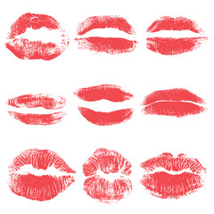 Set of lips or lip shaped women kiss print. Valentines or mother's day design element. 8 March Women's Day or love, sex, symbols. Girl kisses lips stain isolated on background. Vector.