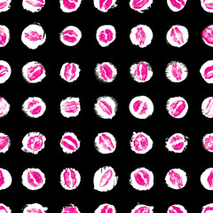 Lips seamless pattern on polka dot background. Black and pink lips fashion print wrapping paper. World kiss day, Valentine's day, love. Vector.