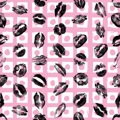 Fototapeta na wymiar Red pink black lips seamless pattern on pop up grunge brush background. Girls lips prints stain. Vector.
