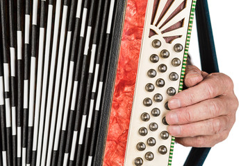 Musician hand playing accordions closeup. isolated on white background.