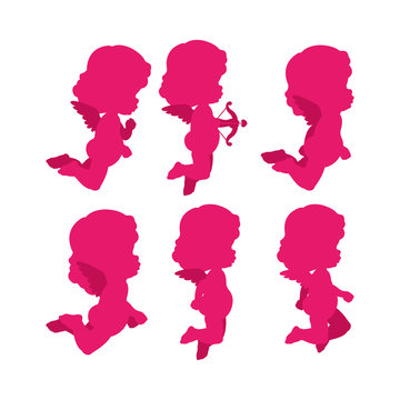 Set of Six Vector Cherubs in shades of pink silhouette which can be used for your wallpapers, backgrounds, backdrop images, fabric patterns, clothing prints, labels, crafts & other projects
