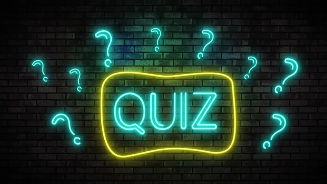 Quiz Neon Light on Brick Wall. Night Club Bar Blinking Sign Style. Video available in 4K FullHD and HD render footage