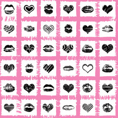 XO XO style love and kisses brush grunge hand drawn hearts and lipstick kiss stain seamless pop up background. Kiss day, Valentine's background, Love fashion, shopping. Vector.