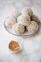 Carrot Coconut sweet balls, selective focus