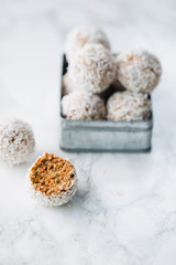 Carrot Coconut sweet balls, selective focus