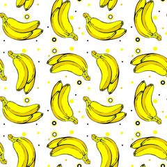  bright seamless pattern of a branch of three yellow bananas with a black stroke and dots on a white background