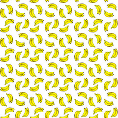 simple seamless pattern of a branch of three yellow bananas with a black stroke on a white background