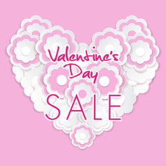 Valentine's day sale background with white paper cut flower, vector illustration template, banners, Wallpaper, invitation, posters, brochure, voucher discount