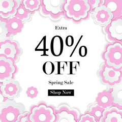 Spring sale background with paper cut flower, vector illustration template, banners, Wallpaper, invitation, posters, brochure, voucher discount.