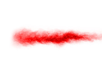 Red powder explosion on white background. Colored cloud. Colorful dust explode. Paint Holi.