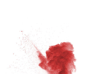 Red powder explosion on white background. Colored cloud. Colorful dust explode. Paint Holi.