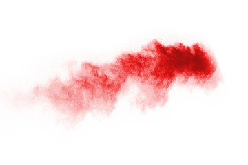 Red powder explosion on white background. Colored cloud. Colorful dust explode. Paint Holi.