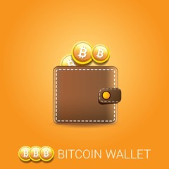 vector brown bitcoin wallet with coins isolated on orange background. bitcoin business concept