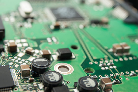 Electrical circuit board with details, selective focus.
