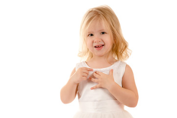 charming little baby gesturing isolated on white background