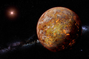 alien lava planet with moons lit by a bright star and the Milky Way galaxy  © dottedyeti