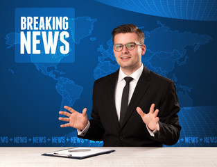 Television presenter in front telling breaking news with blue modern background