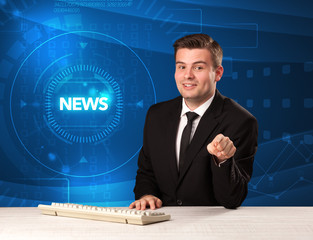 Modern televison presenter telling the news with tehnology background