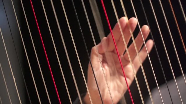 hands playing harp, extreme close up, chords detail 