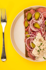 Roast Beef Open Faced Sandwich With Sliced Onions Gherkins and Horseradish Sauce On Rye Bread