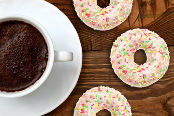 Extremely tasty sweet donut together with aromatic coffee full of caffeine is an unforgettable taste and relaxation experience after every effort, both mental and physical.
