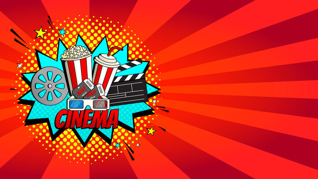 Red cinema web banner. Concept of movie watching symbol with pop corn, tickets and 3d glasses. Vector Illustration in Pop Art Style.