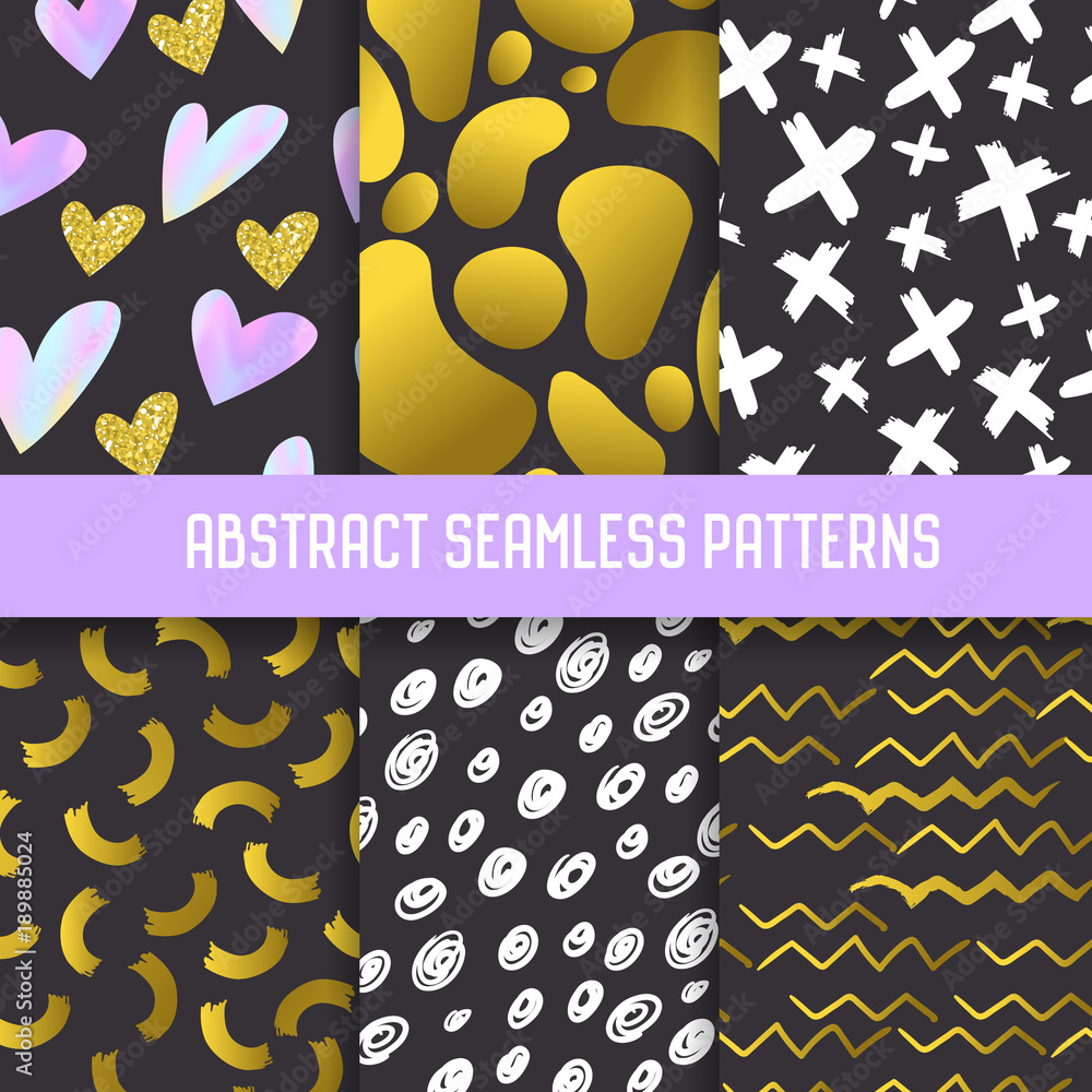 Aufkleber abstract semless patterns set with gold glitter elements. dark hand drawn backgrounds memphis style 