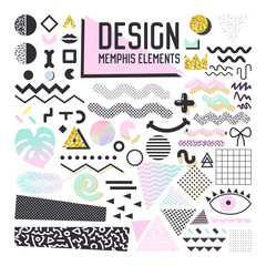 Abstract Memphis Style Design Elements Set. Geometric Shapes Collection for Patterns, Backgrounds, Brochure, Poster, Flyer, Cover. Vector illustration