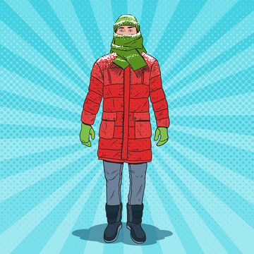 Pop Art Frozen Man in Warm Winter Clothes. Cold Weather. Vector illustration