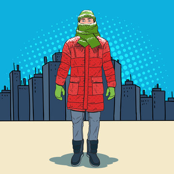 Pop Art Frozen Man in Warm Winter Clothes in the City. Cold Weather. Vector illustration