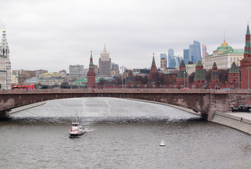 landscape of the central part of Moscow with the Bolshoy Moskvoretsky bridge across the Moskva River and the Kremlin