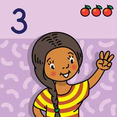 Girl showing three by hand Counting education card