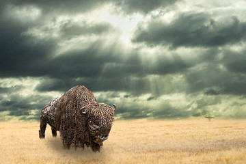 Iron buffalo made of iron scrap walking in dry prairie. Open plain landscape with Amercian bison....
